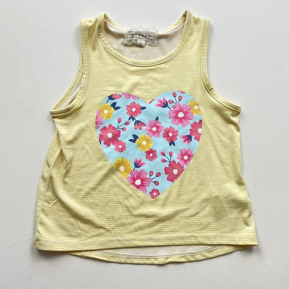 Btween Girls 7 Yellow Striped Floral Heart Graphic Sleeveless Tank Top Casual